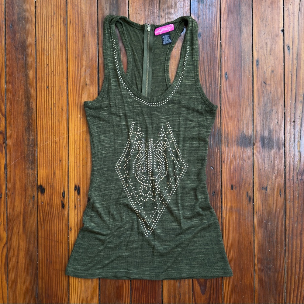 Vintage 2000s Say What? longline razorback zipper embellished knit tank top